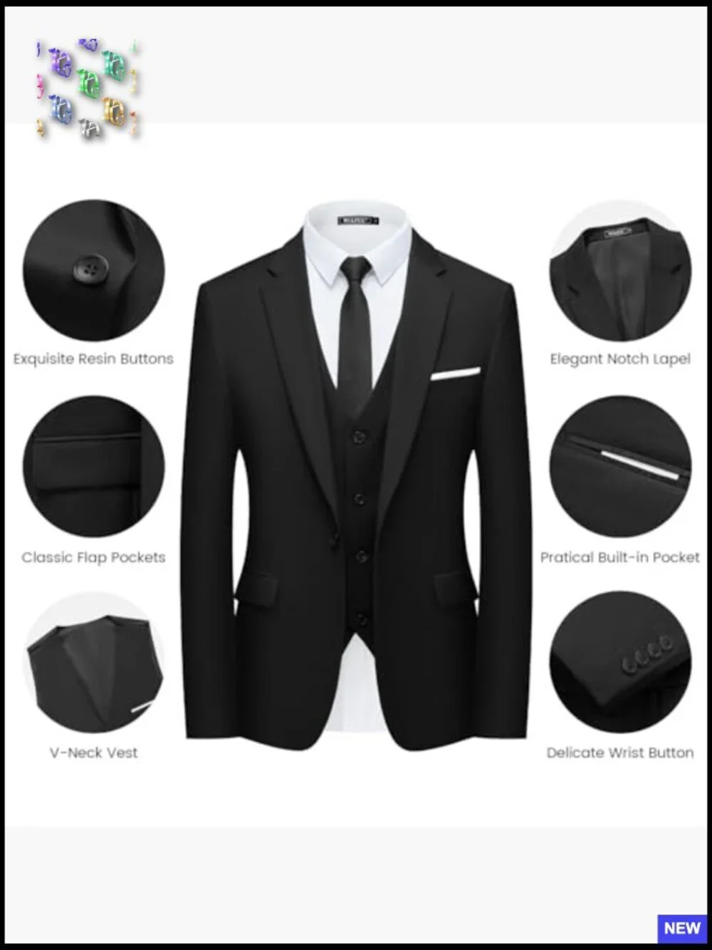 Slim Fit Suit Blazer Vest Pant Set Classic Elegant Business Wedding Party